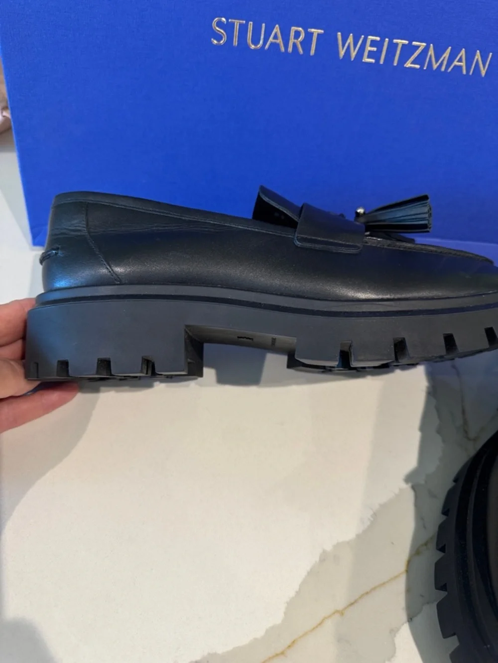 Stuart Weitzman Black Leather Tassel Penny Loafers 10
